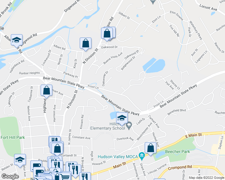map of restaurants, bars, coffee shops, grocery stores, and more near 1110 Frost Lane in Peekskill