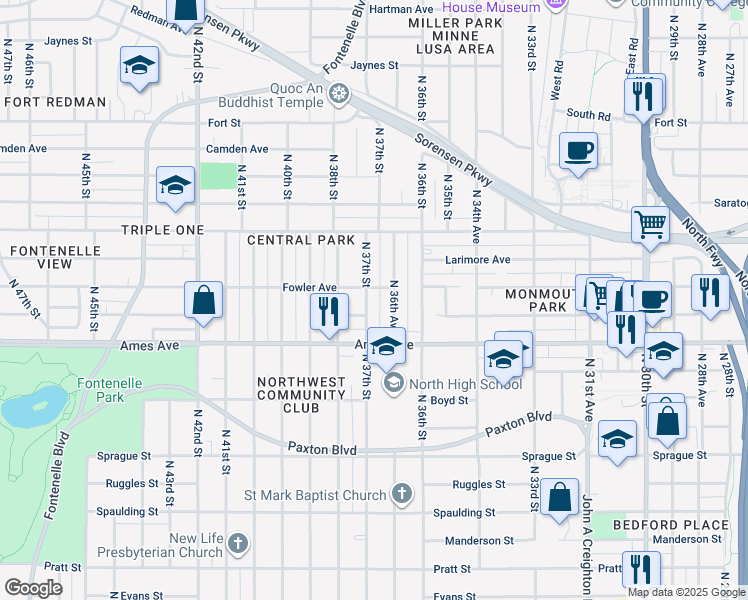 map of restaurants, bars, coffee shops, grocery stores, and more near 4615 North 37th Street in Omaha