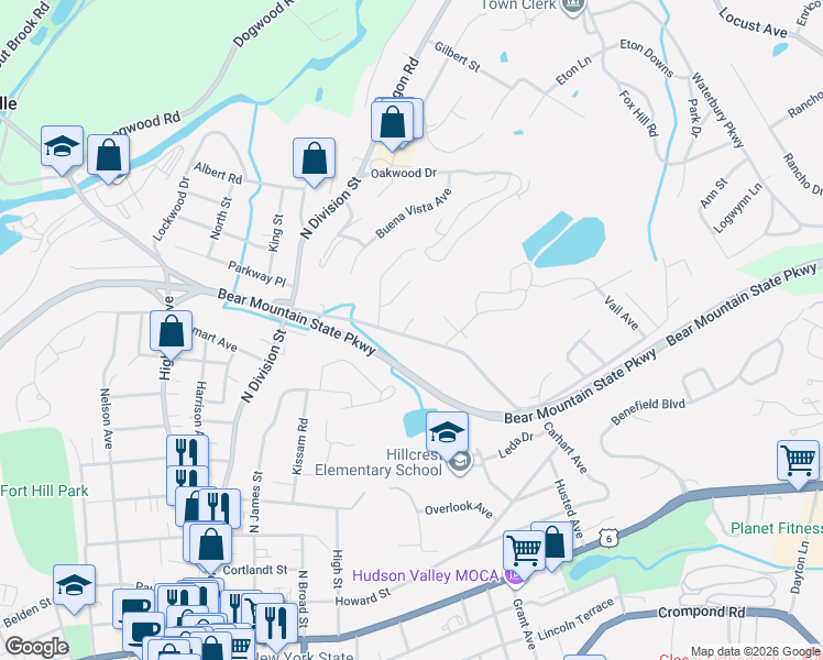 map of restaurants, bars, coffee shops, grocery stores, and more near 1110 Frost Lane in Peekskill