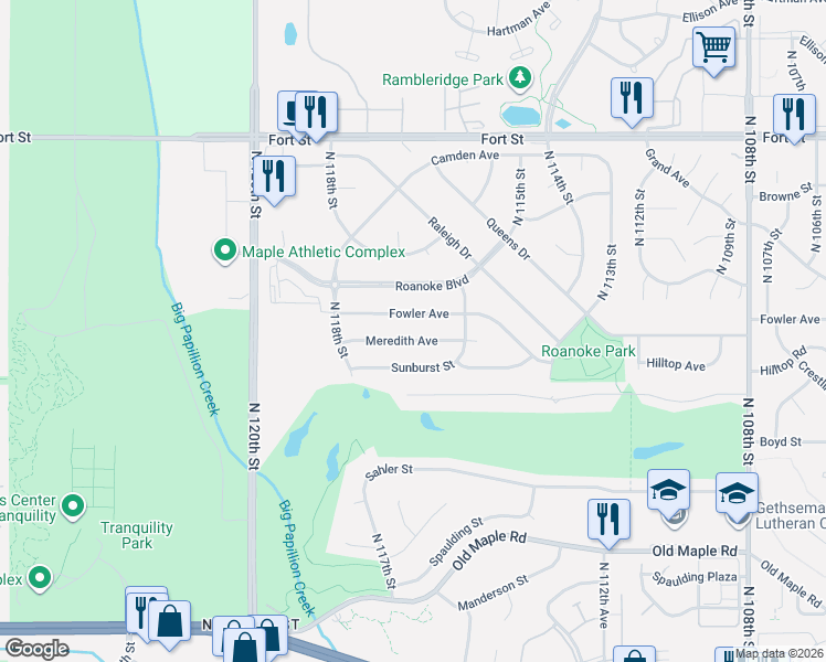 map of restaurants, bars, coffee shops, grocery stores, and more near 11698 Meredith Ave in Omaha