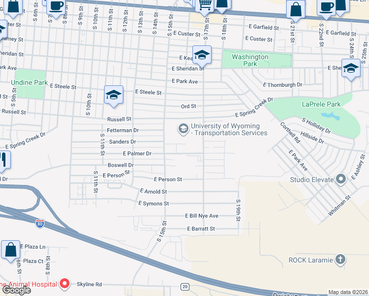 map of restaurants, bars, coffee shops, grocery stores, and more near 1513 Palmer Drive in Laramie