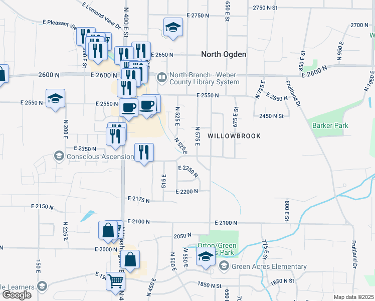 map of restaurants, bars, coffee shops, grocery stores, and more near 2323 North 575 East in Ogden