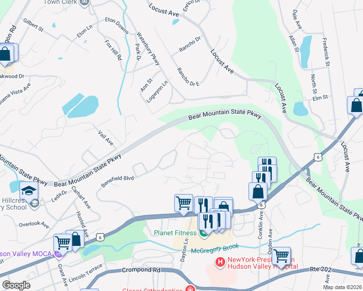 map of restaurants, bars, coffee shops, grocery stores, and more near 179 Benefield Boulevard in Peekskill