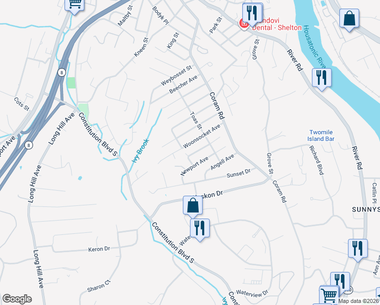 map of restaurants, bars, coffee shops, grocery stores, and more near 33 Westminster Avenue in Shelton