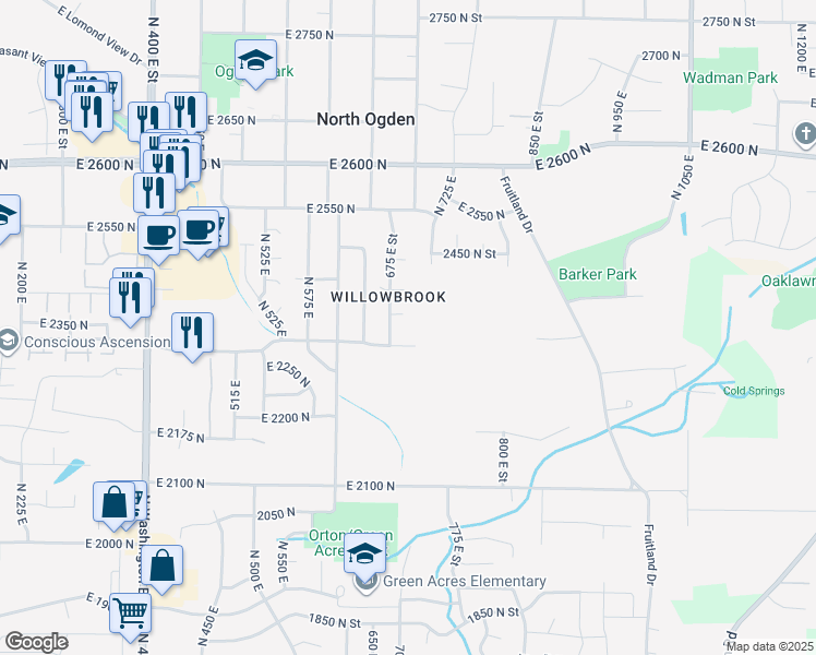 map of restaurants, bars, coffee shops, grocery stores, and more near 691 East 2350 North in Ogden