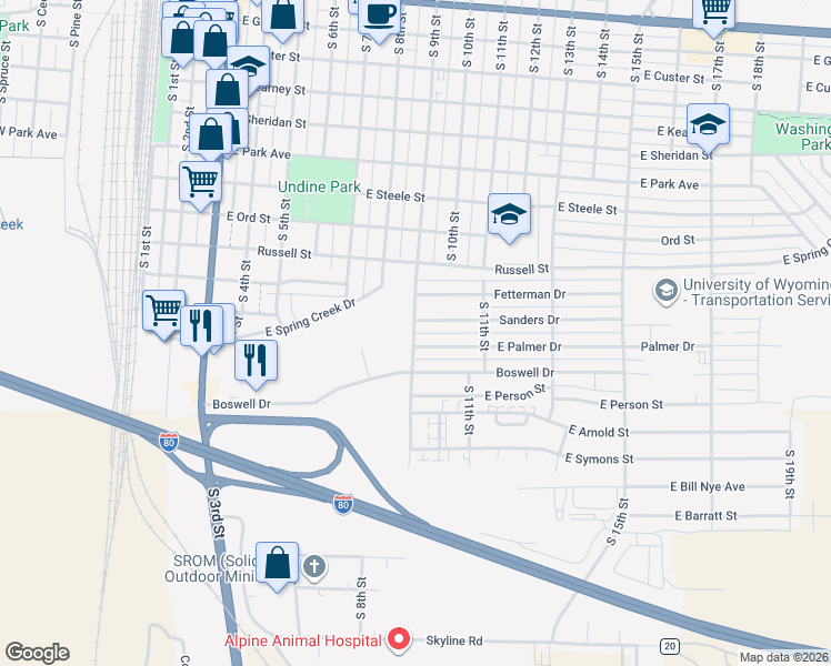 map of restaurants, bars, coffee shops, grocery stores, and more near 1399 S 9th St in Laramie