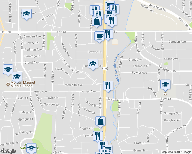 map of restaurants, bars, coffee shops, grocery stores, and more near 9114 Meredith Circle in Omaha