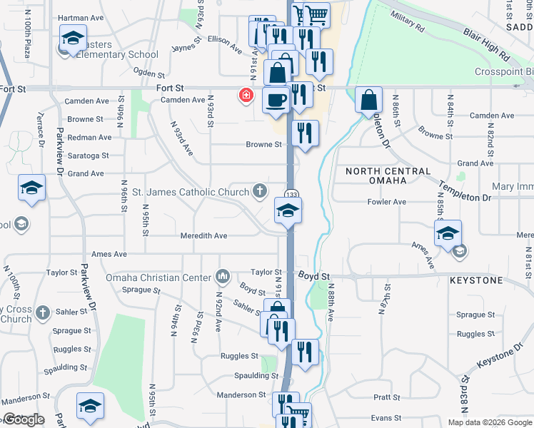 map of restaurants, bars, coffee shops, grocery stores, and more near 9114 Meredith Circle in Omaha