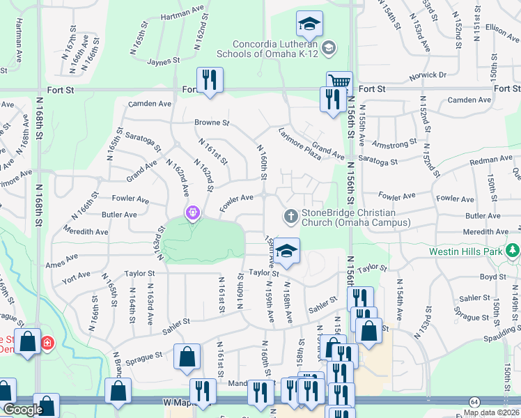 map of restaurants, bars, coffee shops, grocery stores, and more near 16002 Butler Avenue in Omaha