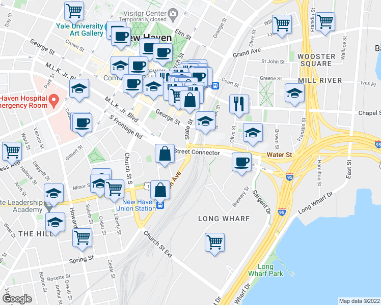 map of restaurants, bars, coffee shops, grocery stores, and more near 28 U.S. 1 in New Haven