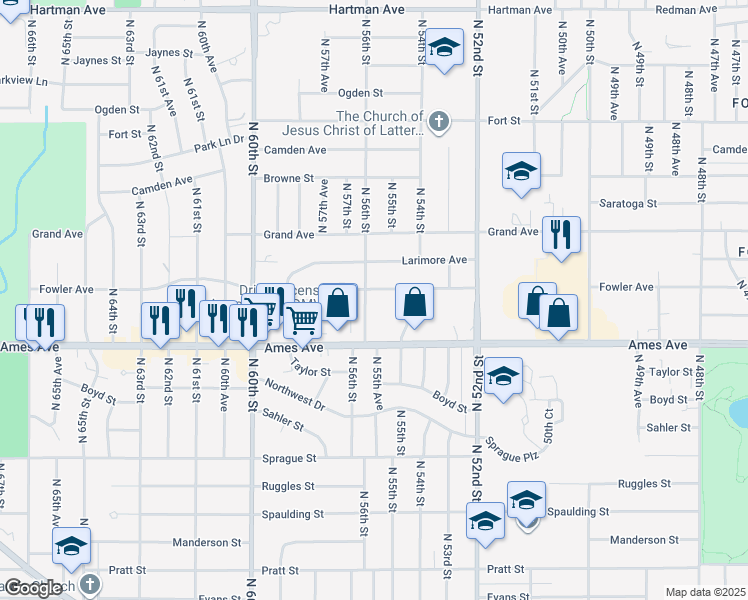 map of restaurants, bars, coffee shops, grocery stores, and more near 4621 North 56th Street in Omaha