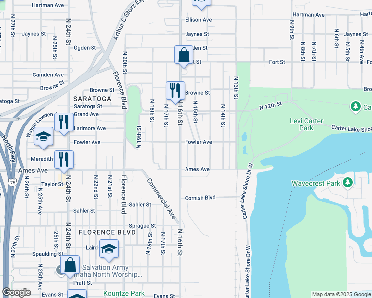 map of restaurants, bars, coffee shops, grocery stores, and more near 4547 North 16th Street in Omaha