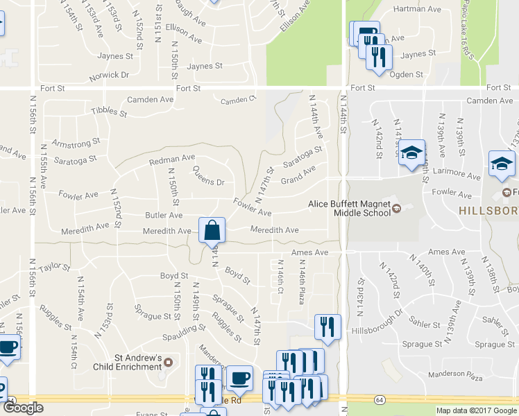 map of restaurants, bars, coffee shops, grocery stores, and more near 14670 Fowler Avenue in Omaha