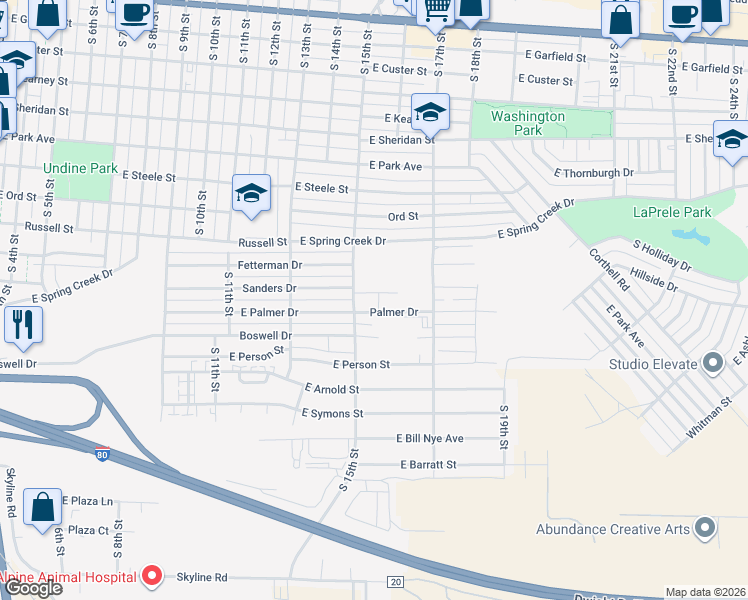 map of restaurants, bars, coffee shops, grocery stores, and more near 1513 Palmer Drive in Laramie