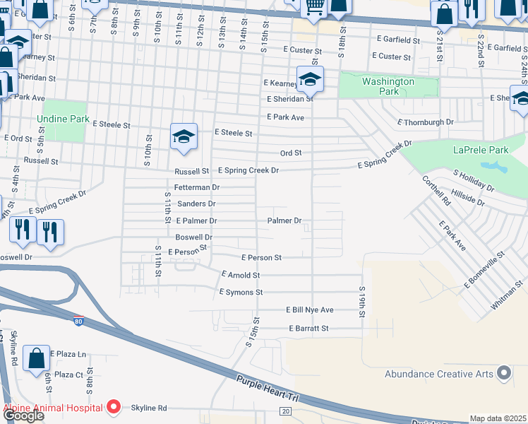 map of restaurants, bars, coffee shops, grocery stores, and more near 1513 Palmer Drive in Laramie