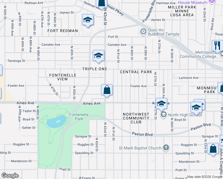 map of restaurants, bars, coffee shops, grocery stores, and more near 4537 North 41st Street in Omaha