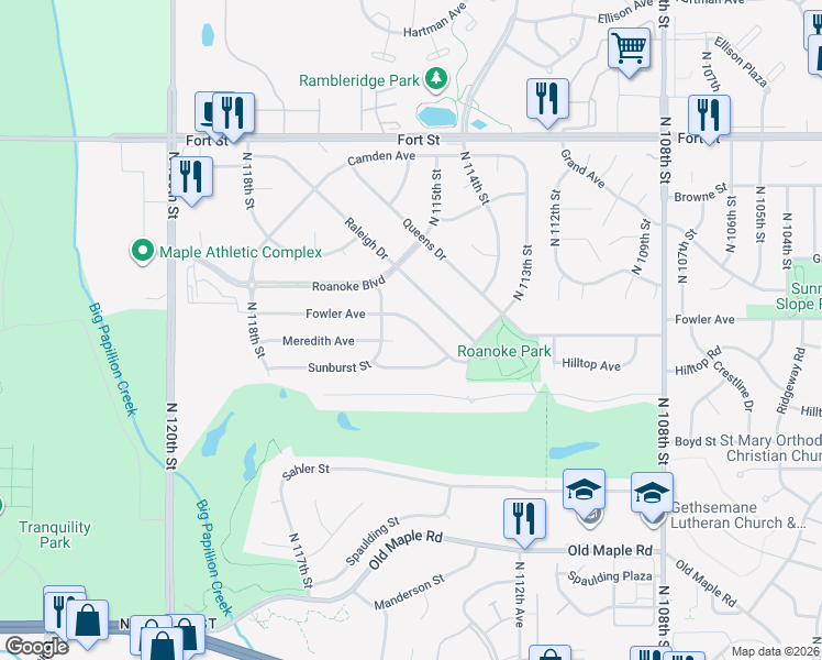 map of restaurants, bars, coffee shops, grocery stores, and more near 11425 Fowler Avenue in Omaha