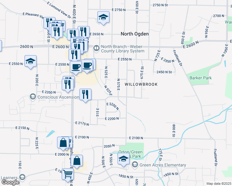 map of restaurants, bars, coffee shops, grocery stores, and more near 2323 North 575 East in Ogden