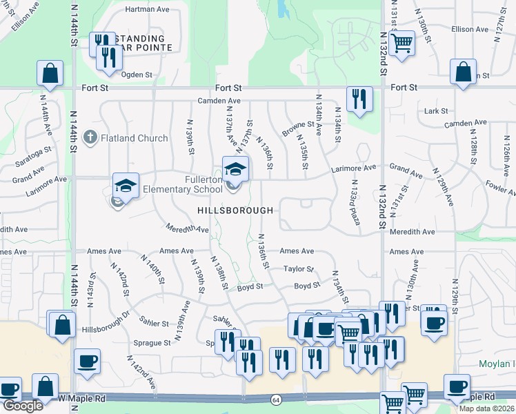 map of restaurants, bars, coffee shops, grocery stores, and more near 4702 North 136th Street in Omaha