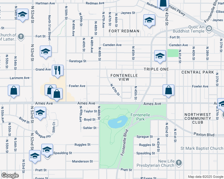 map of restaurants, bars, coffee shops, grocery stores, and more near 4614 North 47th Street in Omaha