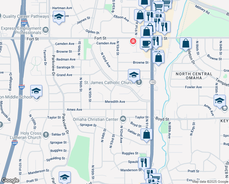 map of restaurants, bars, coffee shops, grocery stores, and more near 9305 Fowler Avenue in Omaha