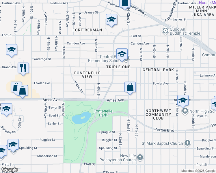map of restaurants, bars, coffee shops, grocery stores, and more near 4616 Fontenelle Boulevard in Omaha