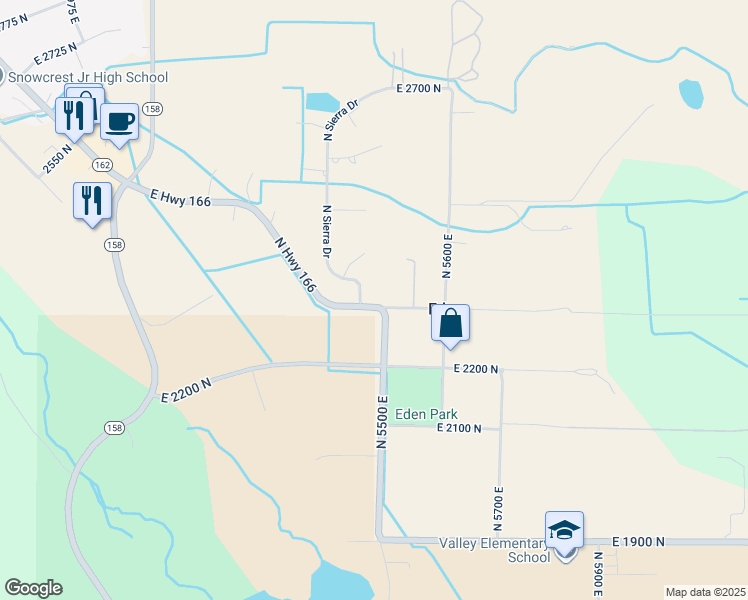 map of restaurants, bars, coffee shops, grocery stores, and more near 5482 East 2300 North in Eden