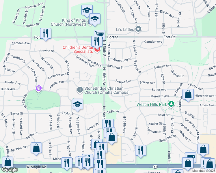 map of restaurants, bars, coffee shops, grocery stores, and more near 4644 North 155th Avenue in Omaha