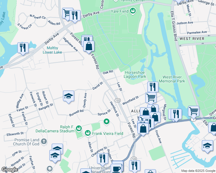 map of restaurants, bars, coffee shops, grocery stores, and more near 204 Forest Road in West Haven
