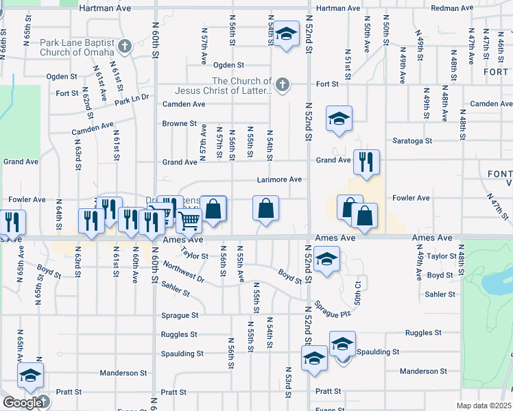 map of restaurants, bars, coffee shops, grocery stores, and more near 4618 North 55th Street in Omaha