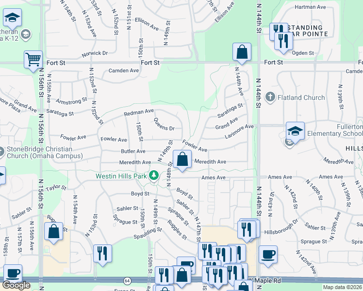 map of restaurants, bars, coffee shops, grocery stores, and more near 4626 North 148th Street in Omaha