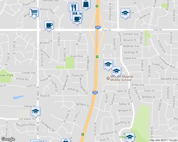 map of restaurants, bars, coffee shops, grocery stores, and more near 4613 Eastridge Drive in Omaha