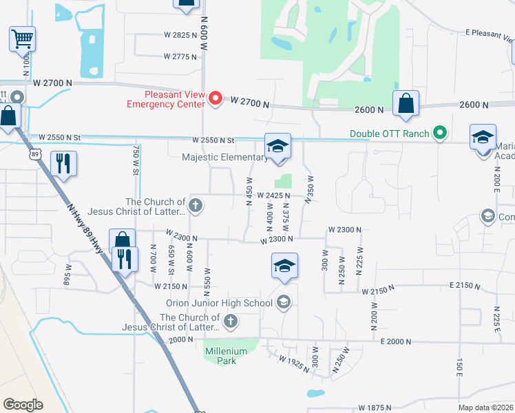 map of restaurants, bars, coffee shops, grocery stores, and more near 2382 North 450 West in Ogden