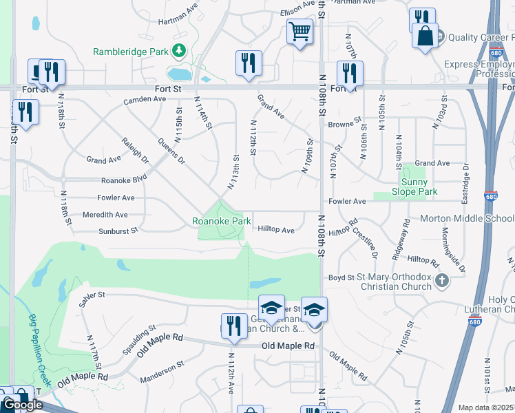 map of restaurants, bars, coffee shops, grocery stores, and more near 11032 Fowler Avenue in Omaha