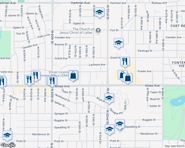 map of restaurants, bars, coffee shops, grocery stores, and more near 4617 North 54th Circle in Omaha