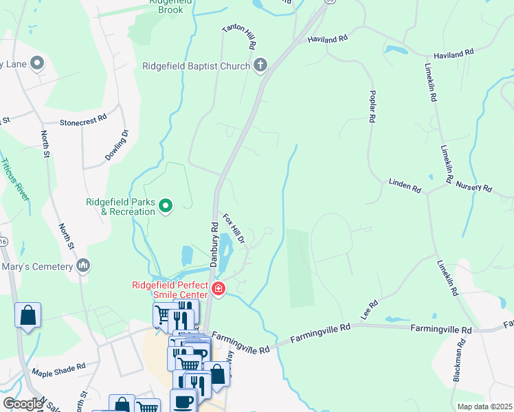 map of restaurants, bars, coffee shops, grocery stores, and more near 19 Conley Court in Ridgefield