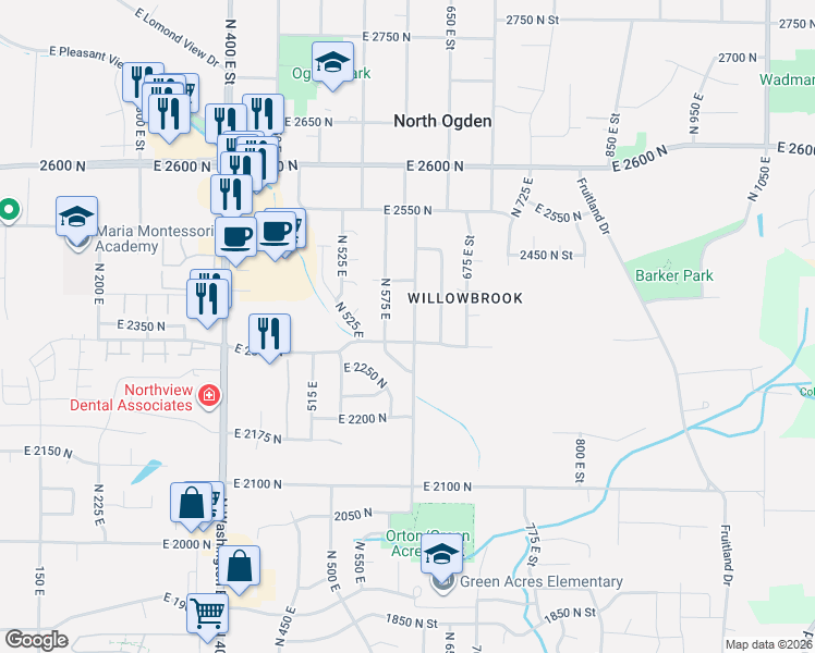 map of restaurants, bars, coffee shops, grocery stores, and more near 2323 North 600 East in Ogden