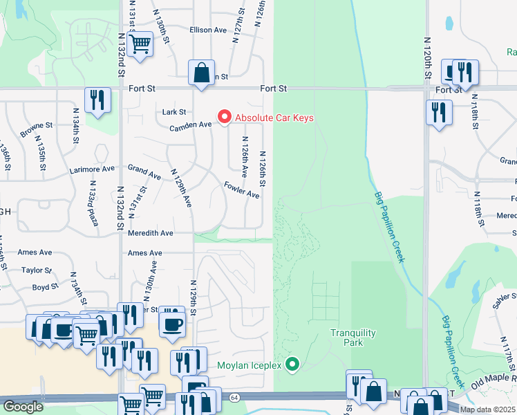 map of restaurants, bars, coffee shops, grocery stores, and more near 4630 North 126th Street in Omaha