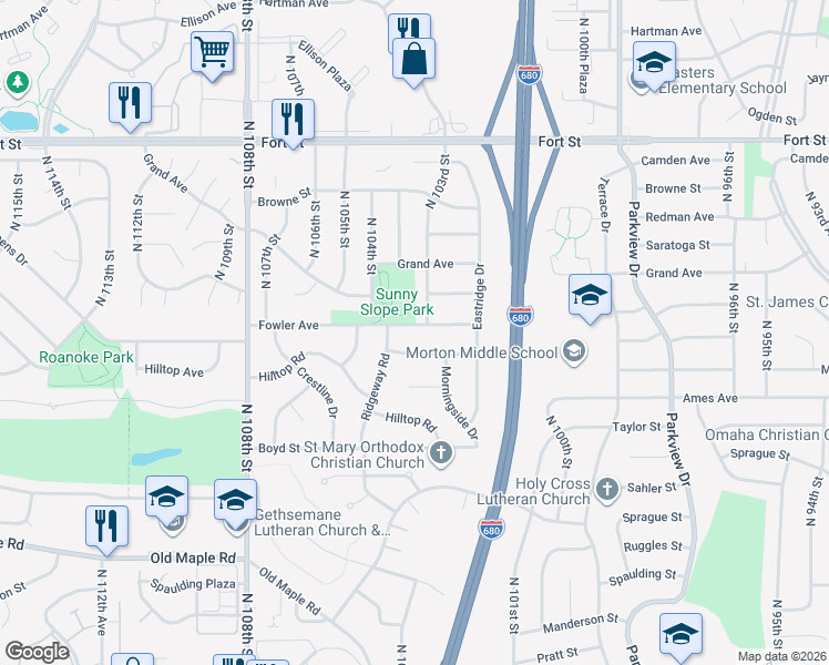 map of restaurants, bars, coffee shops, grocery stores, and more near 10313 Fowler Avenue in Omaha
