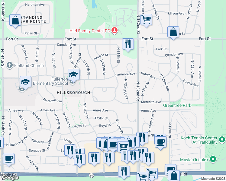 map of restaurants, bars, coffee shops, grocery stores, and more near 4618 North 134th Avenue in Omaha