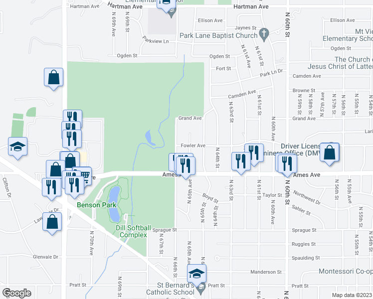 map of restaurants, bars, coffee shops, grocery stores, and more near 4540 North 65th Avenue in Omaha