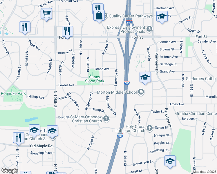 map of restaurants, bars, coffee shops, grocery stores, and more near 10277 Fowler Avenue in Omaha