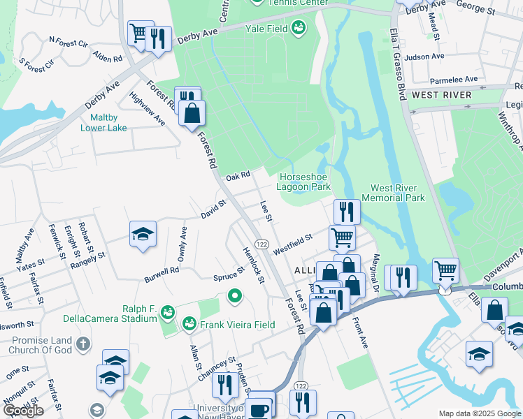 map of restaurants, bars, coffee shops, grocery stores, and more near 154 Lee Street in West Haven