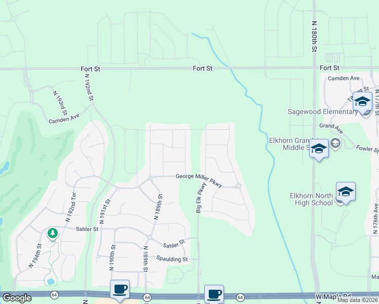 map of restaurants, bars, coffee shops, grocery stores, and more near 18707 Fowler Street in Omaha