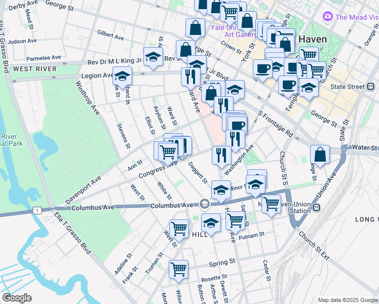 map of restaurants, bars, coffee shops, grocery stores, and more near 517 Congress Avenue in New Haven
