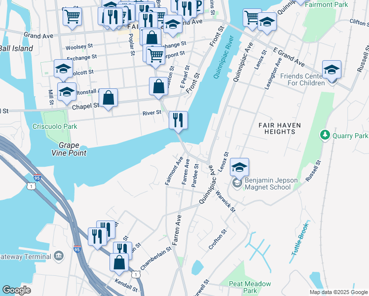 map of restaurants, bars, coffee shops, grocery stores, and more near 70 Ferry Street in New Haven
