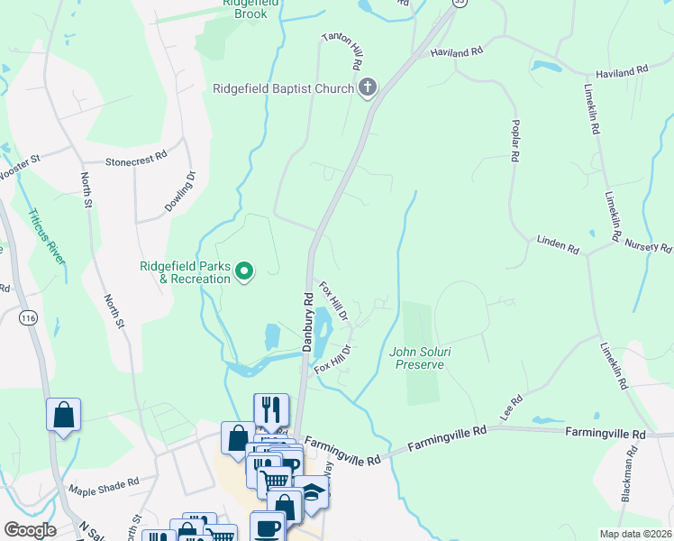 map of restaurants, bars, coffee shops, grocery stores, and more near 2 Redwood Lane in Ridgefield