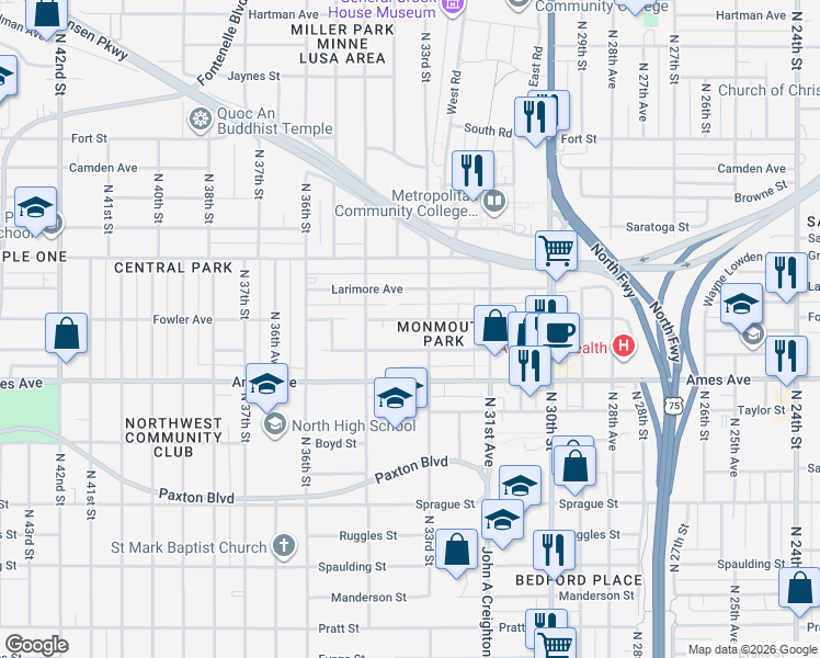 map of restaurants, bars, coffee shops, grocery stores, and more near 3325 Fowler Avenue in Omaha