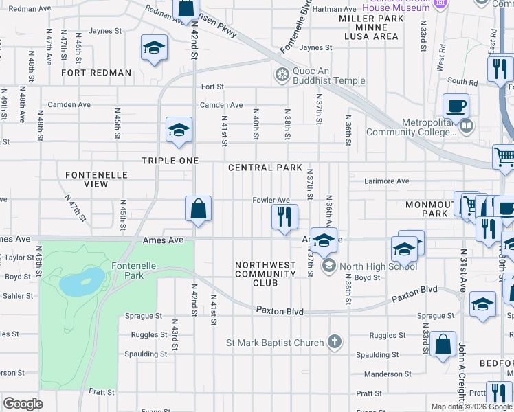 map of restaurants, bars, coffee shops, grocery stores, and more near 4540 North 39th Street in Omaha