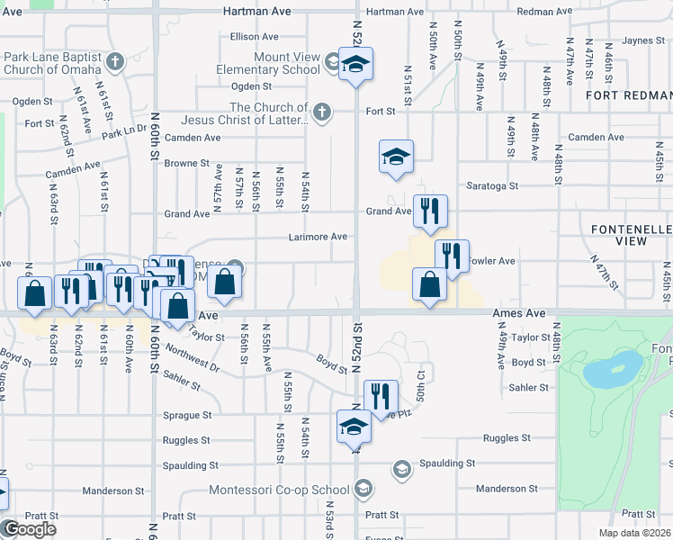 map of restaurants, bars, coffee shops, grocery stores, and more near 4624 North 52nd Street in Omaha